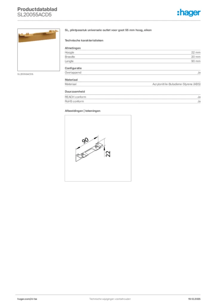 Afbeelding Hager Productdatablad SL20055ACD5 | Hager Belgium
