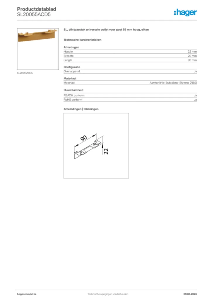 Afbeelding Hager Productdatablad SL20055ACD5 | Hager Belgium