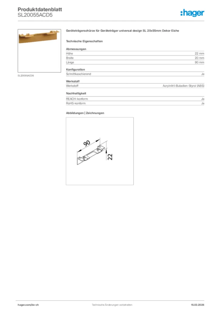 Bild Hager Produktdatenblatt SL20055ACD5 | Hager Schweiz