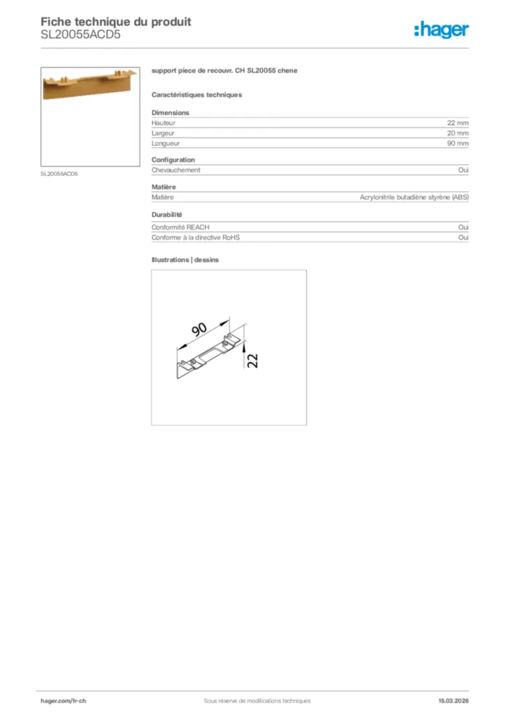 Image Hager Fiche technique du produit SL20055ACD5 | Hager Suisse