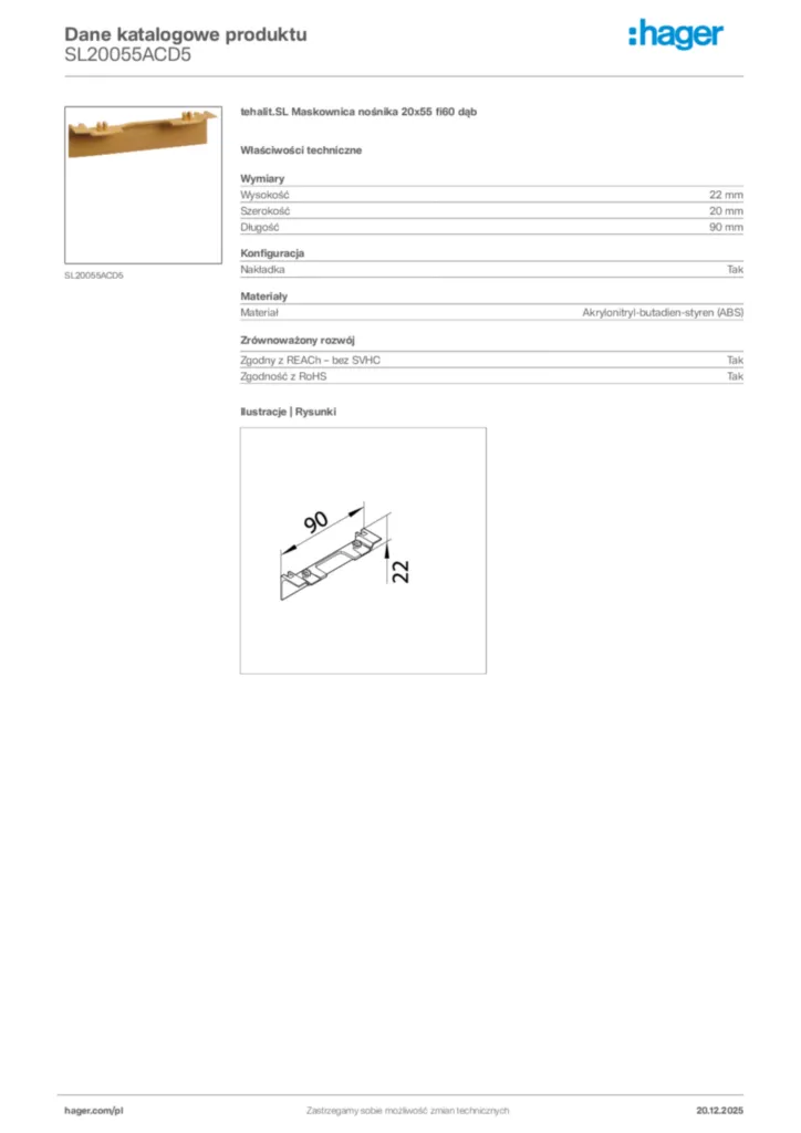 Zdjęcie Hager Karta katalogowa SL20055ACD5 | Hager Polska