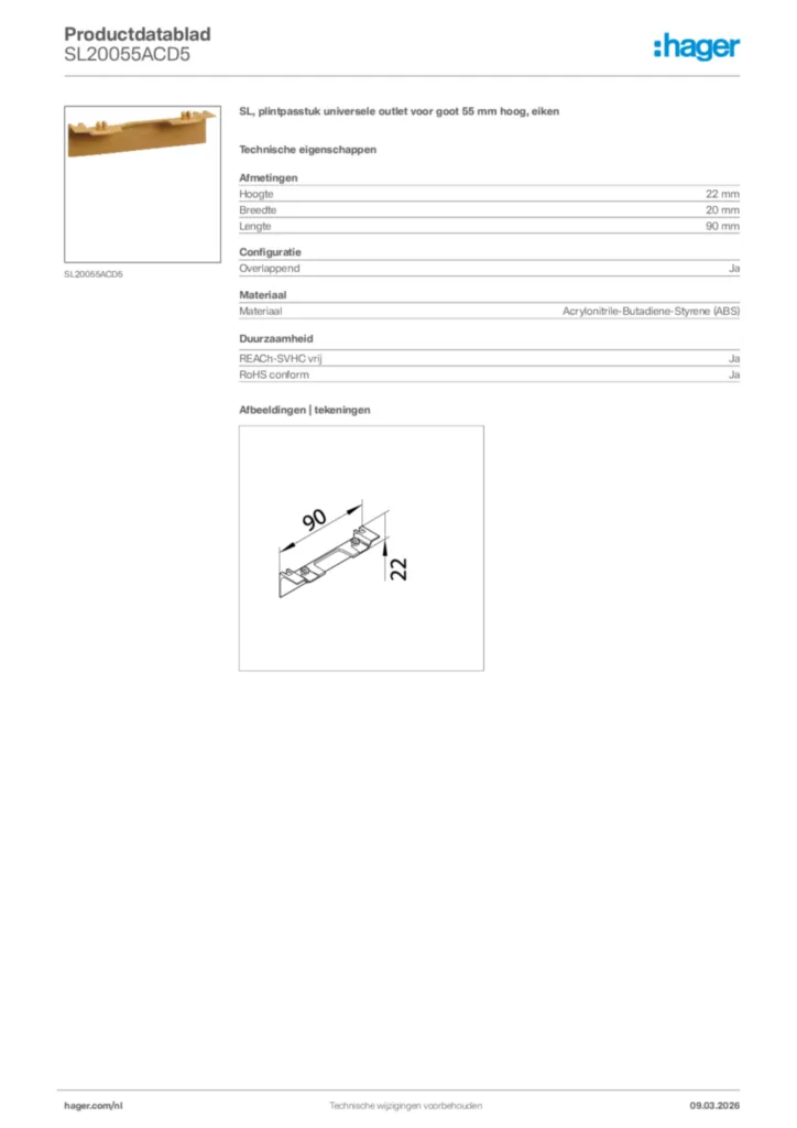 Afbeelding Hager Productdatablad SL20055ACD5 | Hager Nederland