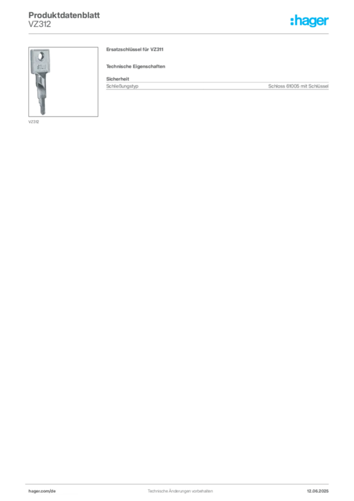 Hager Produktdatenblatt VZ312