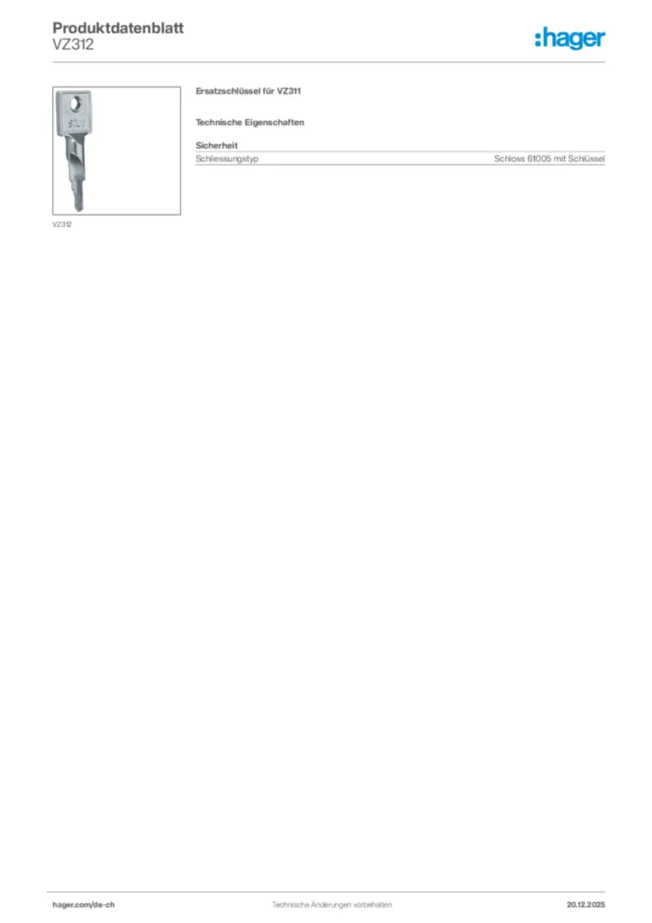 Bild Hager Produktdatenblatt VZ312 | Hager Schweiz