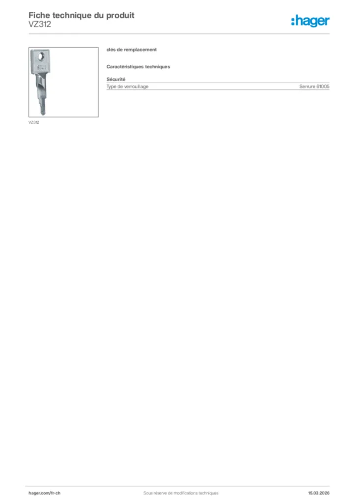 Image Hager Fiche technique du produit VZ312 | Hager Suisse