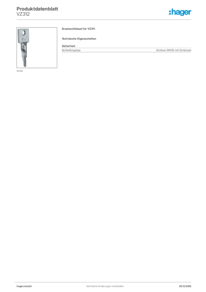 Bild Hager Produktdatenblatt VZ312 | Hager Deutschland
