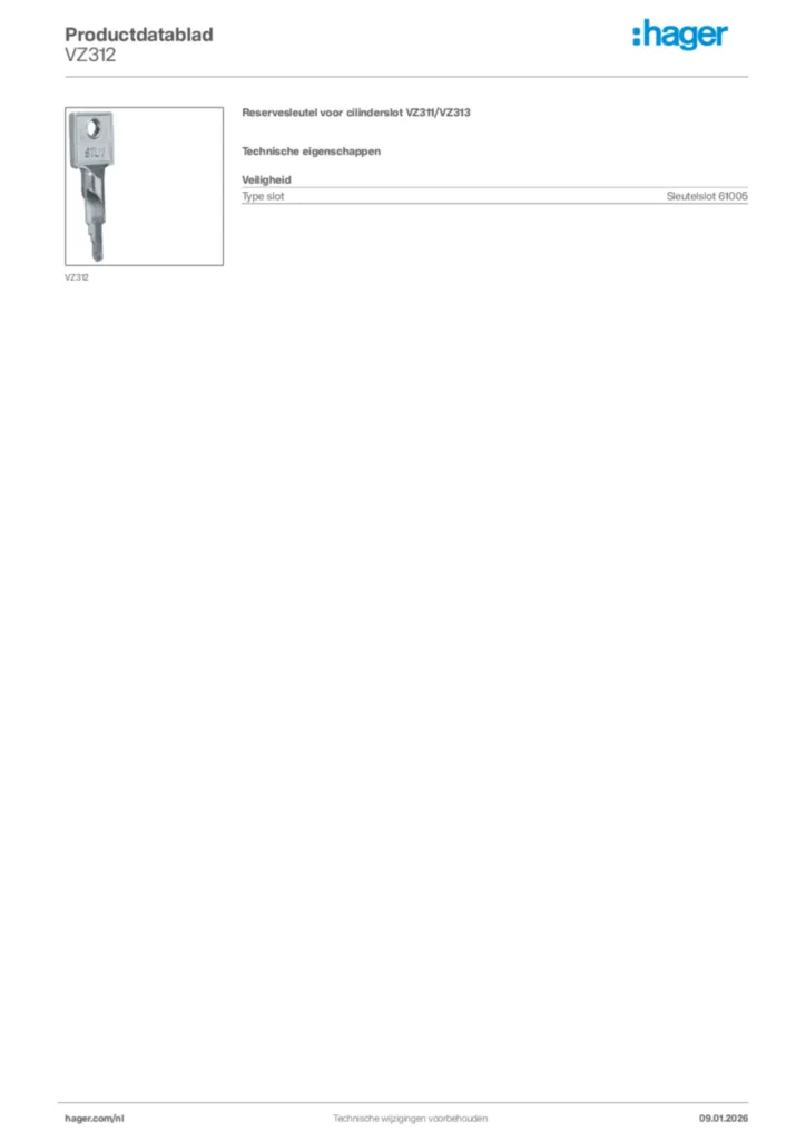 Afbeelding Hager Productdatablad VZ312 | Hager Nederland