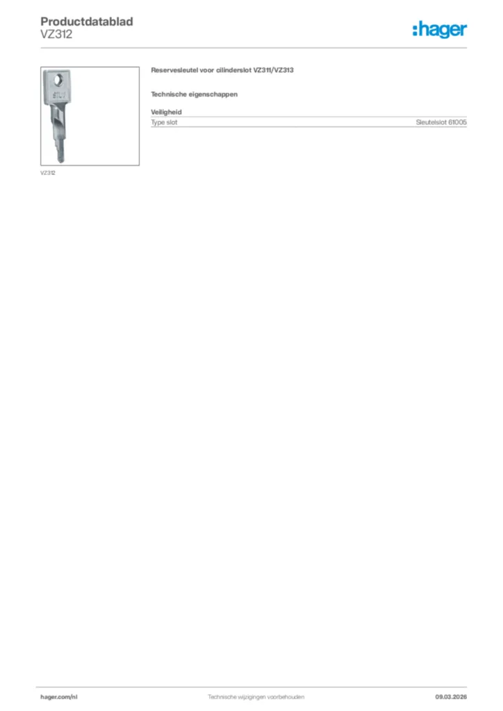 Afbeelding Hager Productdatablad VZ312 | Hager Nederland