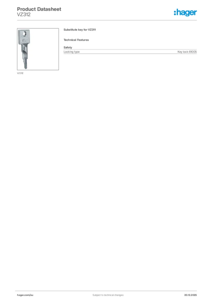 Image Hager Product data sheet VZ312  | Hager Australia