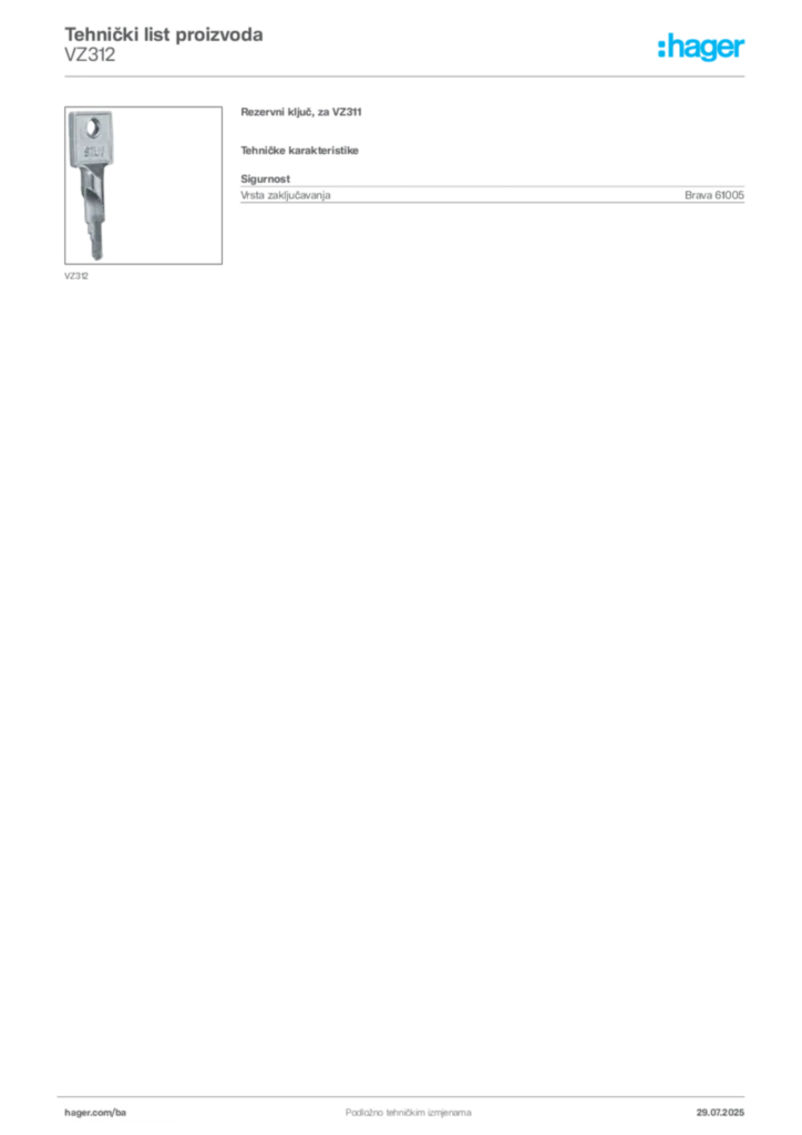 Slika Hager Product data sheet VZ312  | Hager