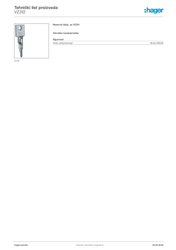 Slika Hager Tehnički list proizvoda VZ312  | Hager