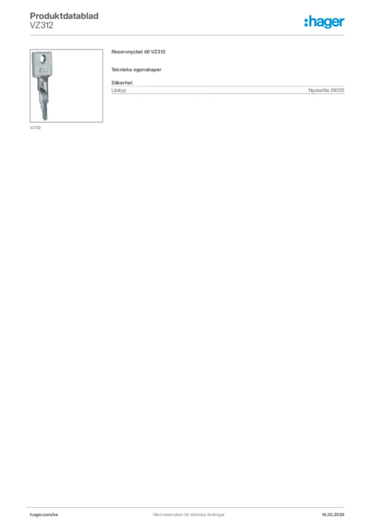Bild Hager Produktdatablad VZ312 | Hager Sverige