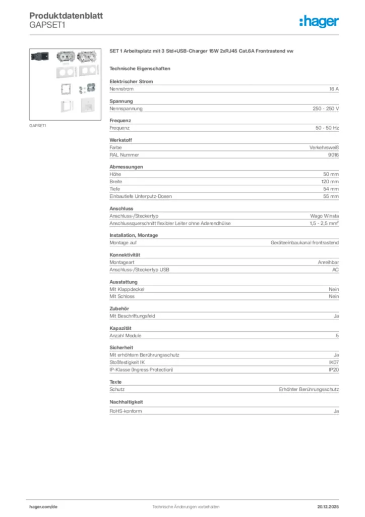 Bild Hager Produktdatenblatt GAPSET1 | Hager Deutschland