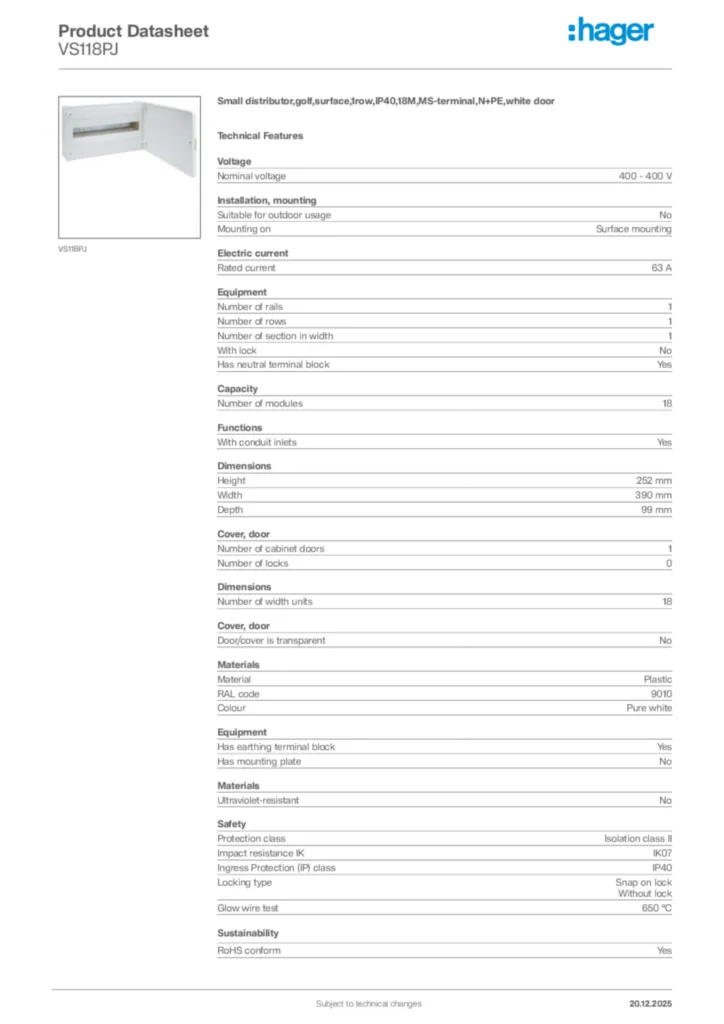 Image Hager Product data sheet VS118PJ  | Hager Africa