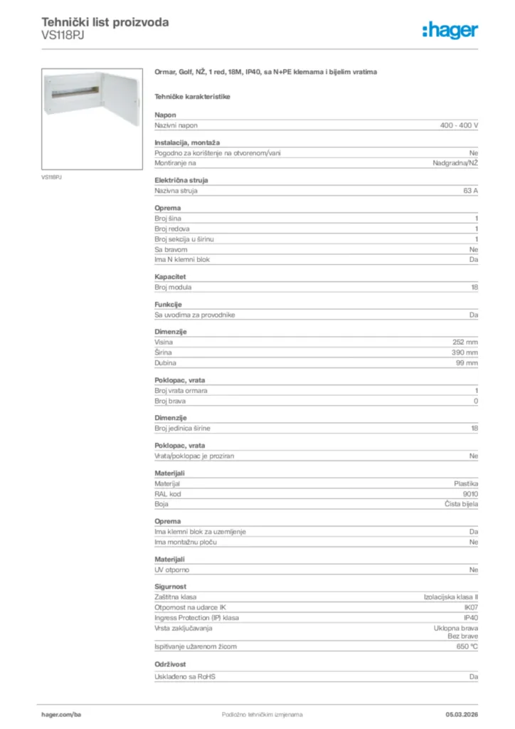 Slika Hager Tehnički list proizvoda VS118PJ  | Hager