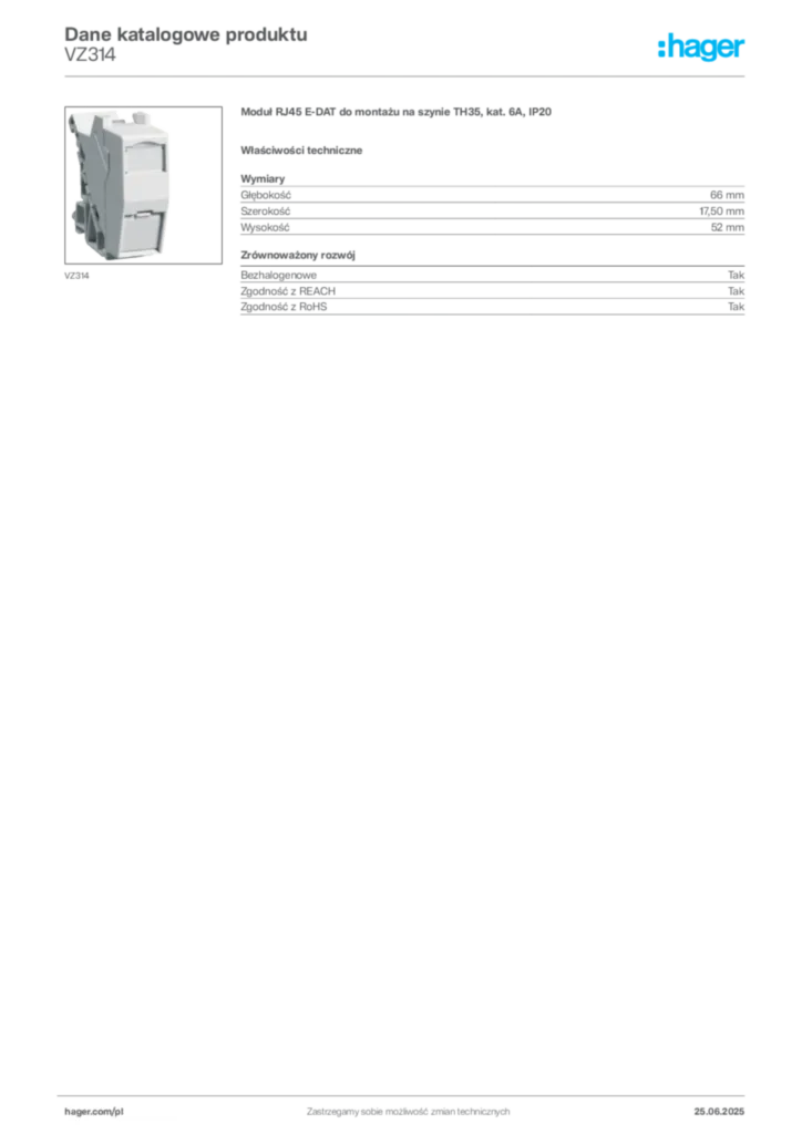 Zdjęcie Hager Karta katalogowa VZ314 | Hager Polska