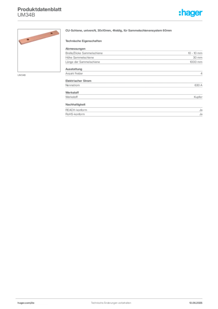 Hager Produktdatenblatt UM34B