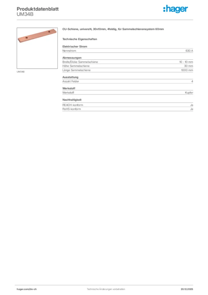 Bild Hager Produktdatenblatt UM34B | Hager Schweiz