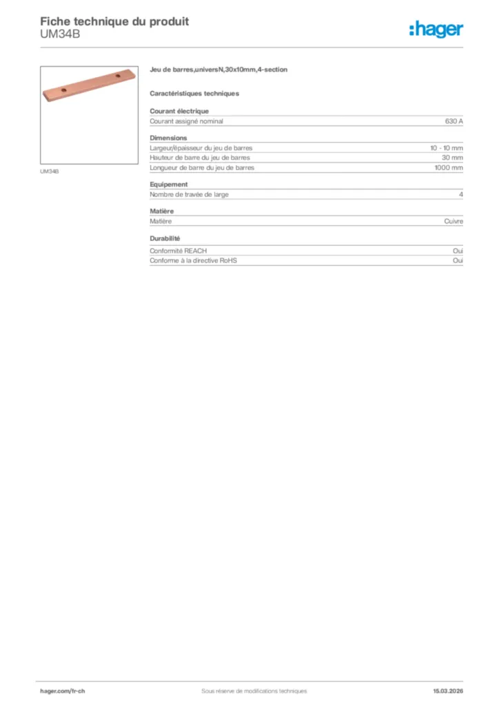 Image Hager Fiche technique du produit UM34B | Hager Suisse