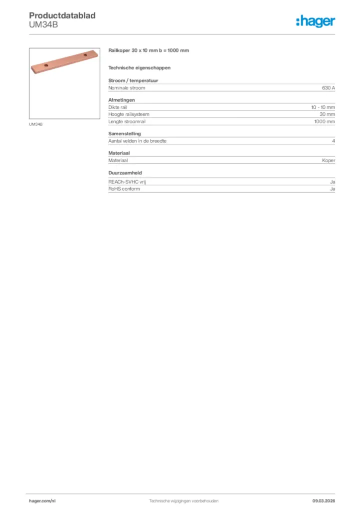 Afbeelding Hager Productdatablad UM34B | Hager Nederland
