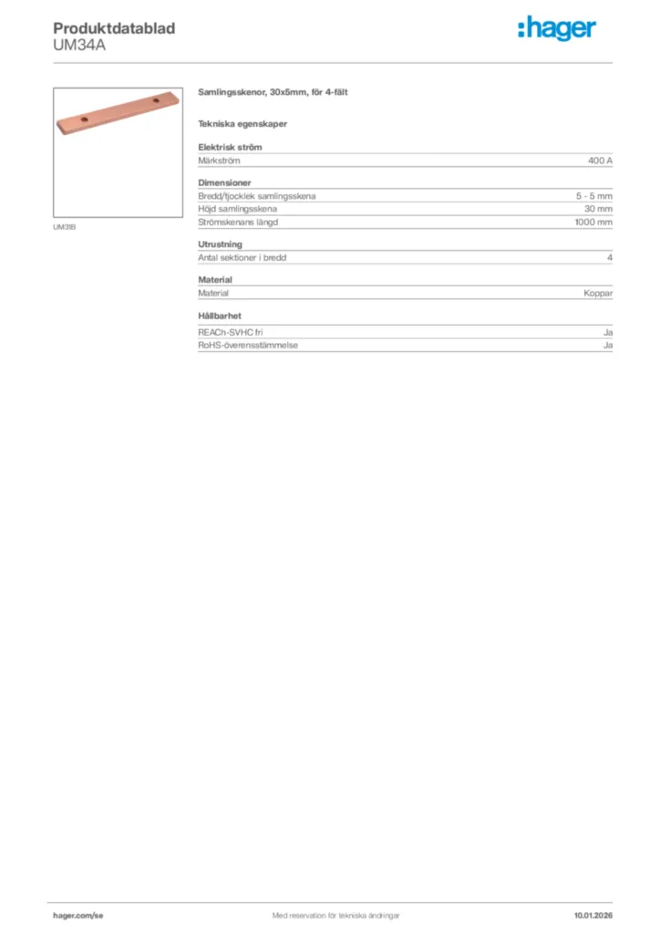 Bild Hager Produktdatablad UM34A | Hager Sverige