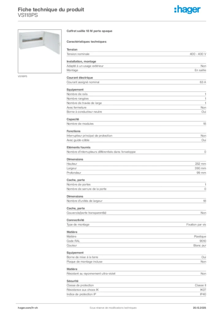 Image Hager Fiche technique du produit VS118PS | Hager Suisse