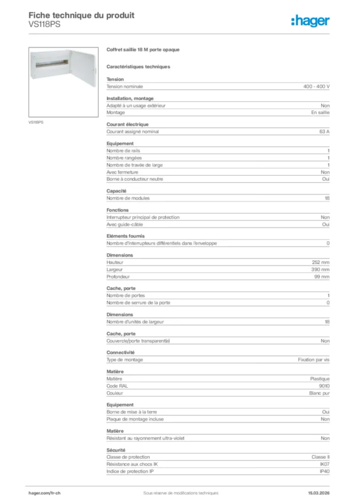 Image Hager Fiche technique du produit VS118PS | Hager Suisse