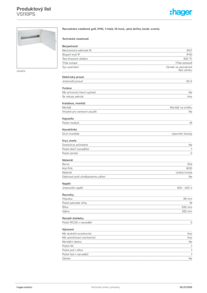 Obrázek Hager Produktový list VS118PS | Hager