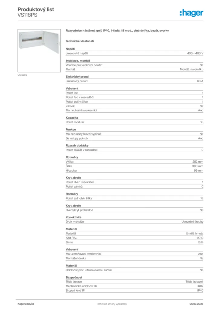 Obrázek Hager Product data sheet VS118PS | Hager