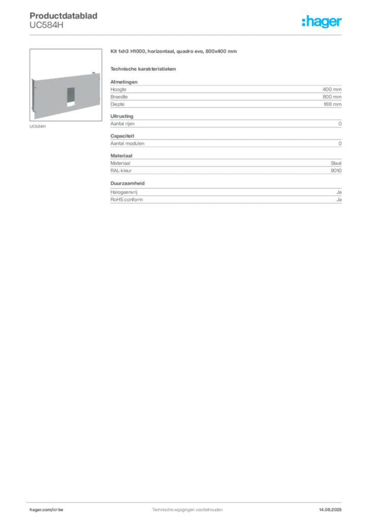 Afbeelding Hager Productdatablad UC584H | Hager Belgium