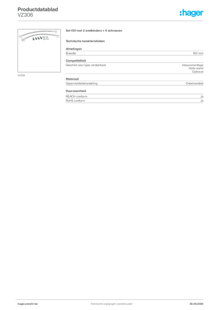 Afbeelding Hager Productdatablad VZ306 | Hager Belgium
