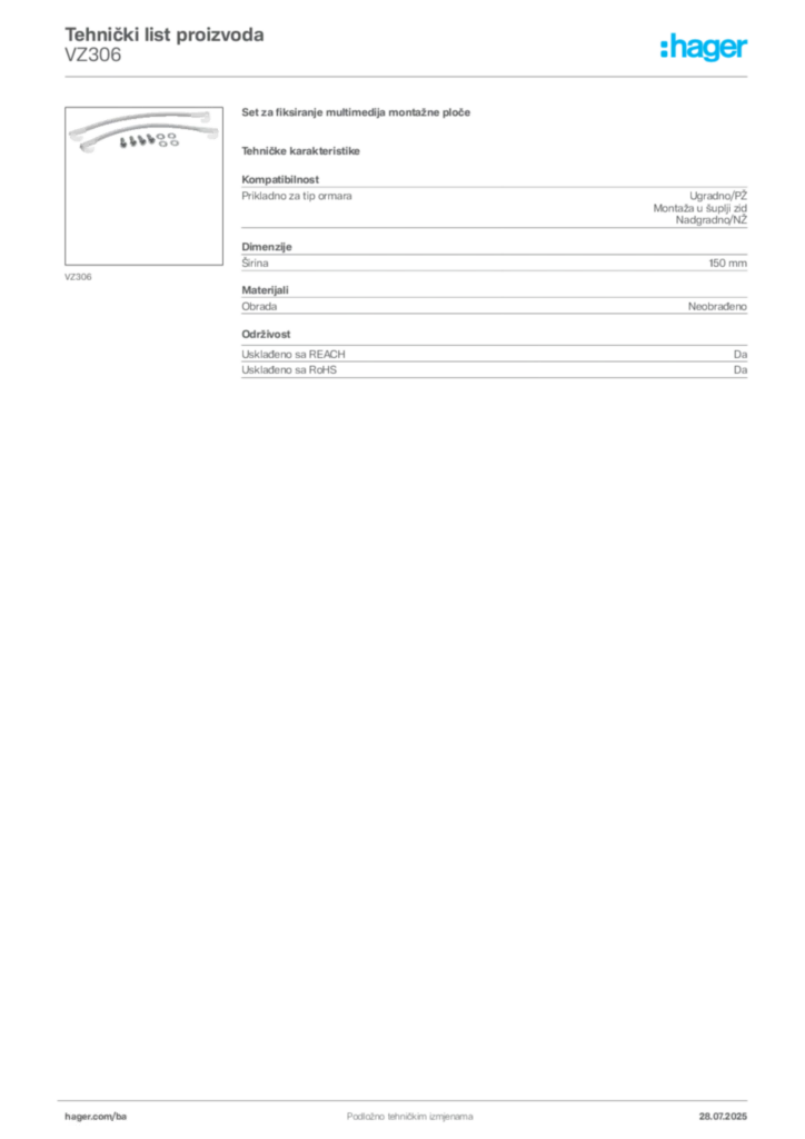 Slika Hager Product data sheet VZ306  | Hager