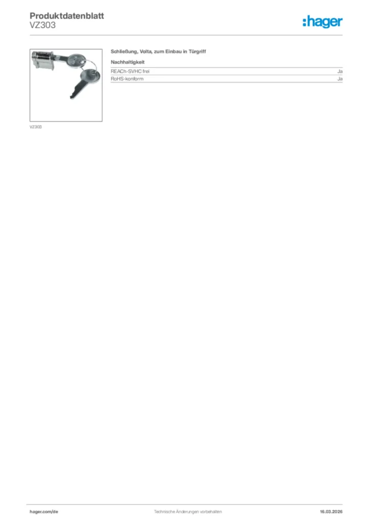 Bild Hager Produktdatenblatt VZ303 | Hager Deutschland