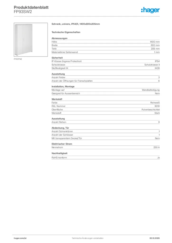 Bild Hager Produktdatenblatt FP93SW2 | Hager Deutschland