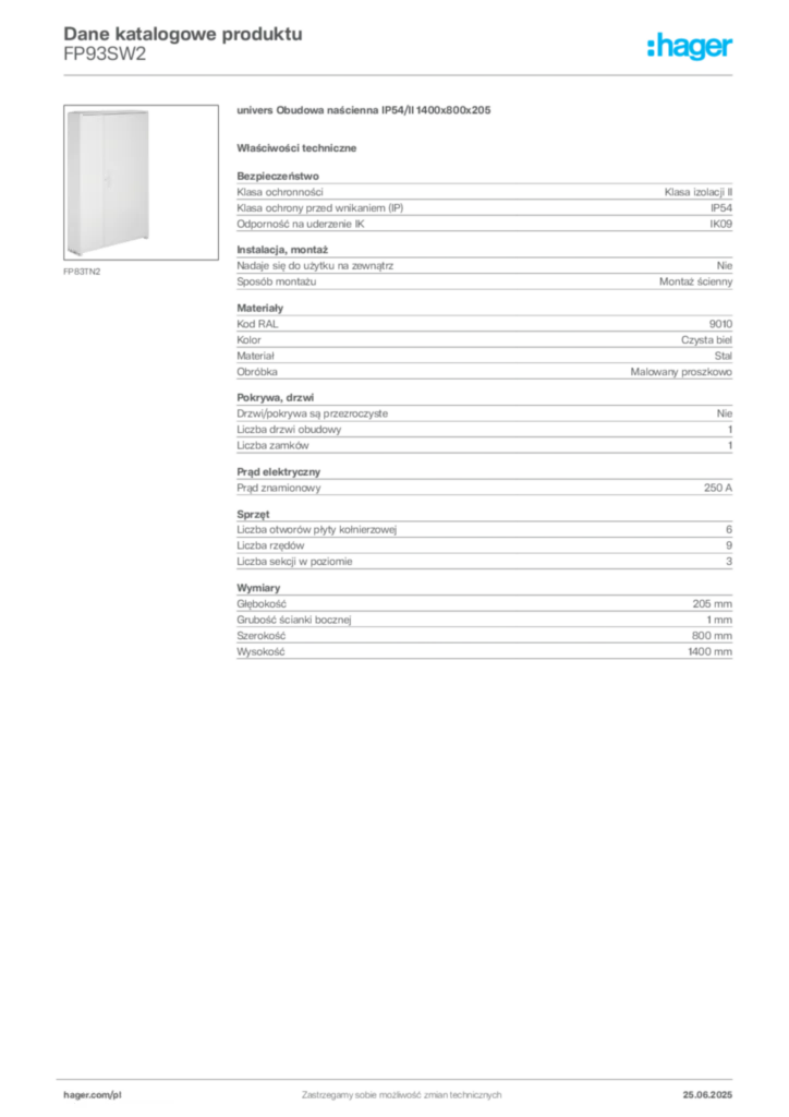 Zdjęcie Hager Karta katalogowa FP93SW2 | Hager Polska