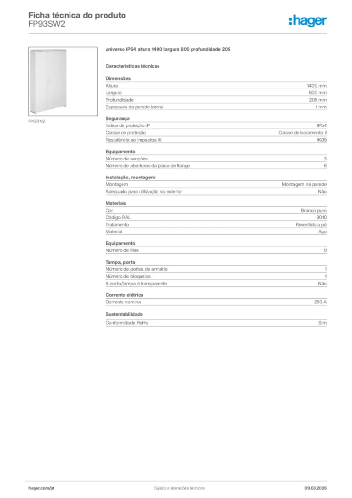 Imagem Hager Ficha técnica do produto FP93SW2 | Hager Portugal