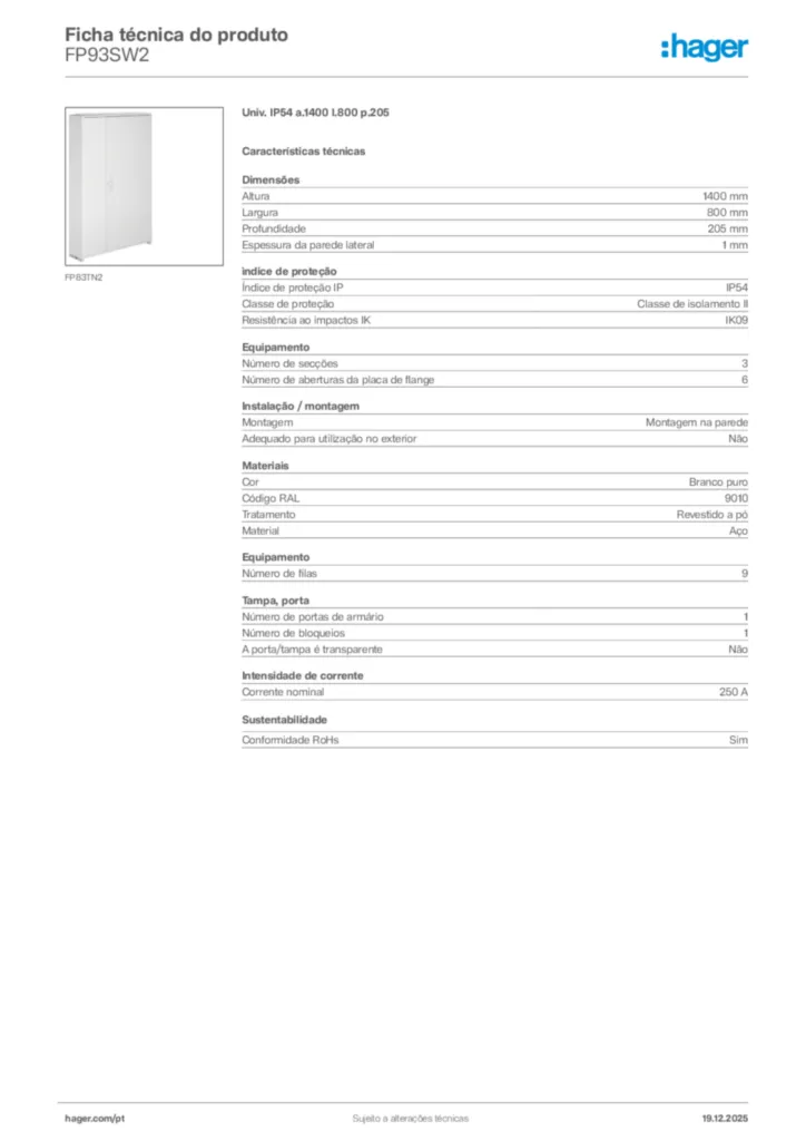 Imagem Hager Ficha técnica do produto FP93SW2 | Hager Portugal