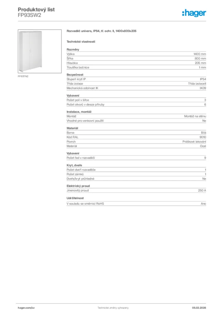 Obrázek Hager Product data sheet FP93SW2 | Hager