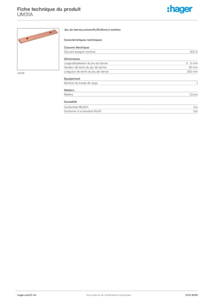 Image Hager Fiche technique du produit UM31A | Hager Suisse