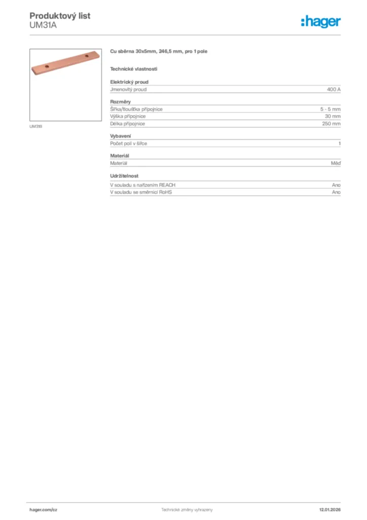 Obrázek Hager Product data sheet UM31A | Hager