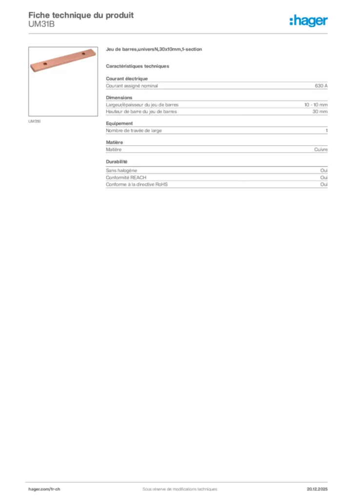 Image Hager Fiche technique du produit UM31B | Hager Suisse