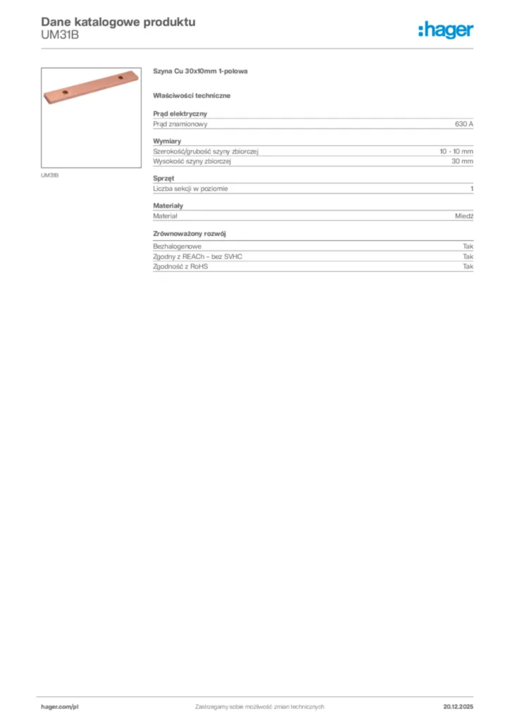Zdjęcie Hager Karta katalogowa UM31B | Hager Polska