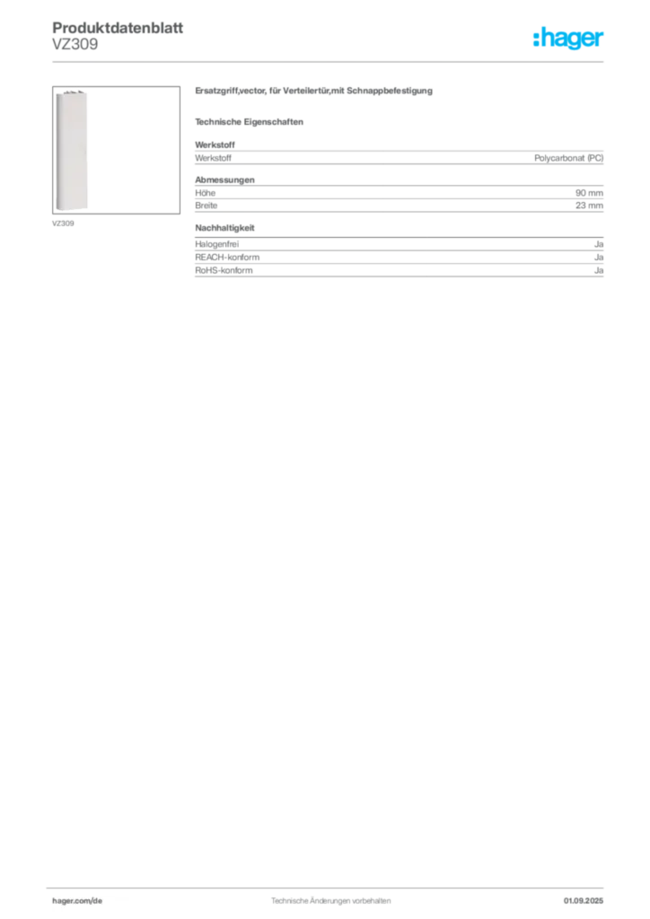 Hager Produktdatenblatt VZ309