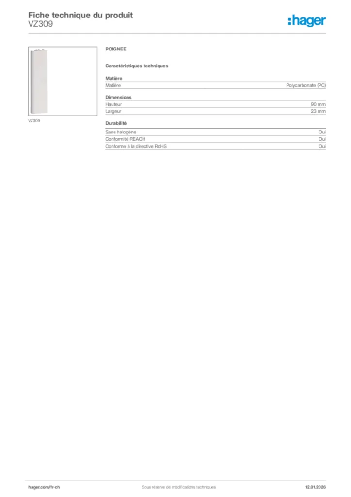 Image Hager Fiche technique du produit VZ309 | Hager Suisse