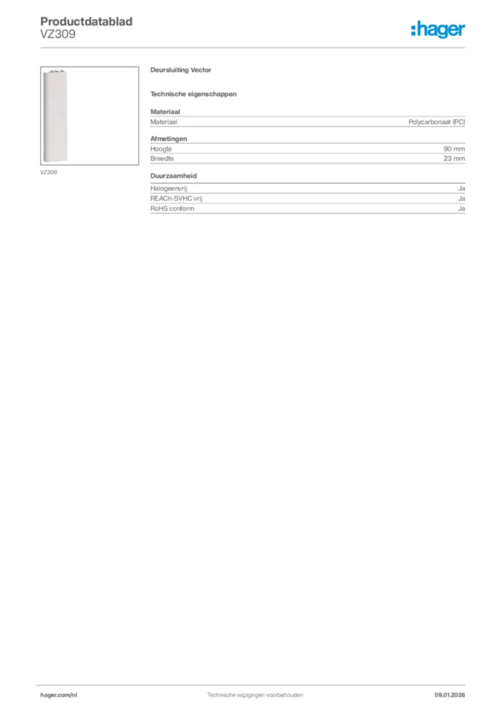 Afbeelding Hager Productdatablad VZ309 | Hager Nederland