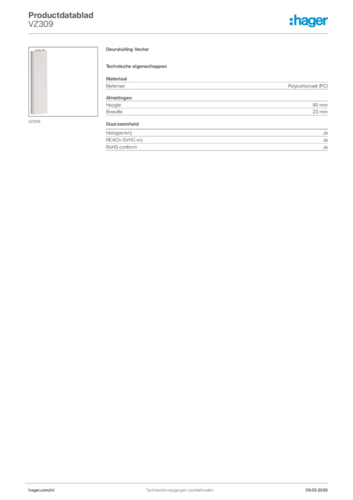 Afbeelding Hager Productdatablad VZ309 | Hager Nederland