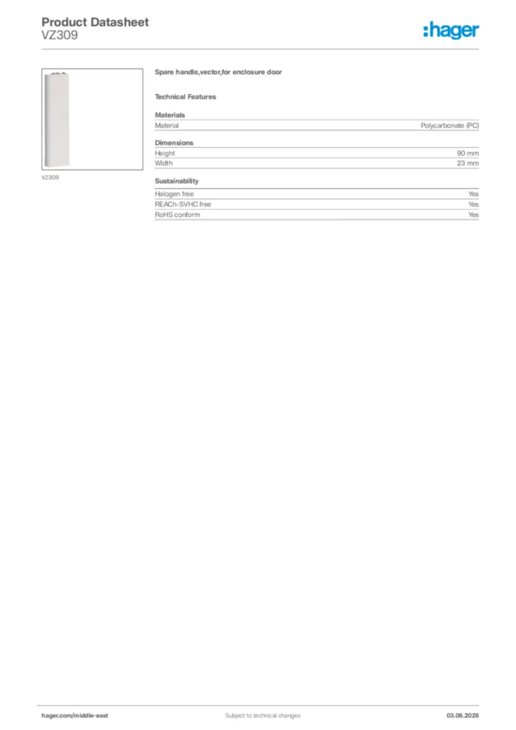 Image Hager Product data sheet VZ309  | Hager