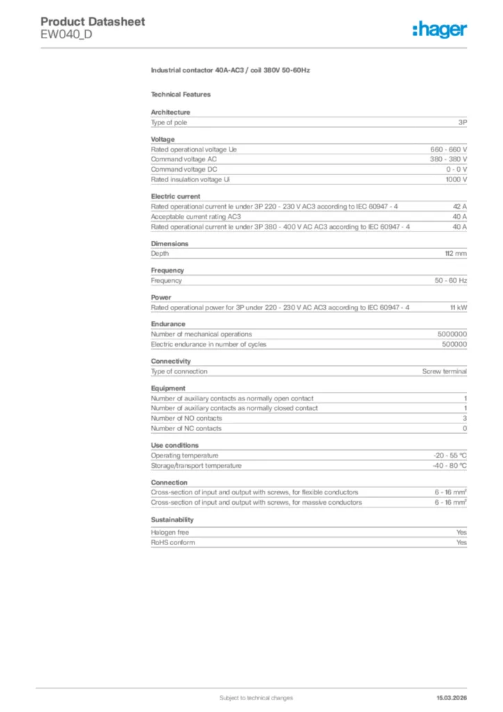 Image Hager Product data sheet EW040_D  | Hager