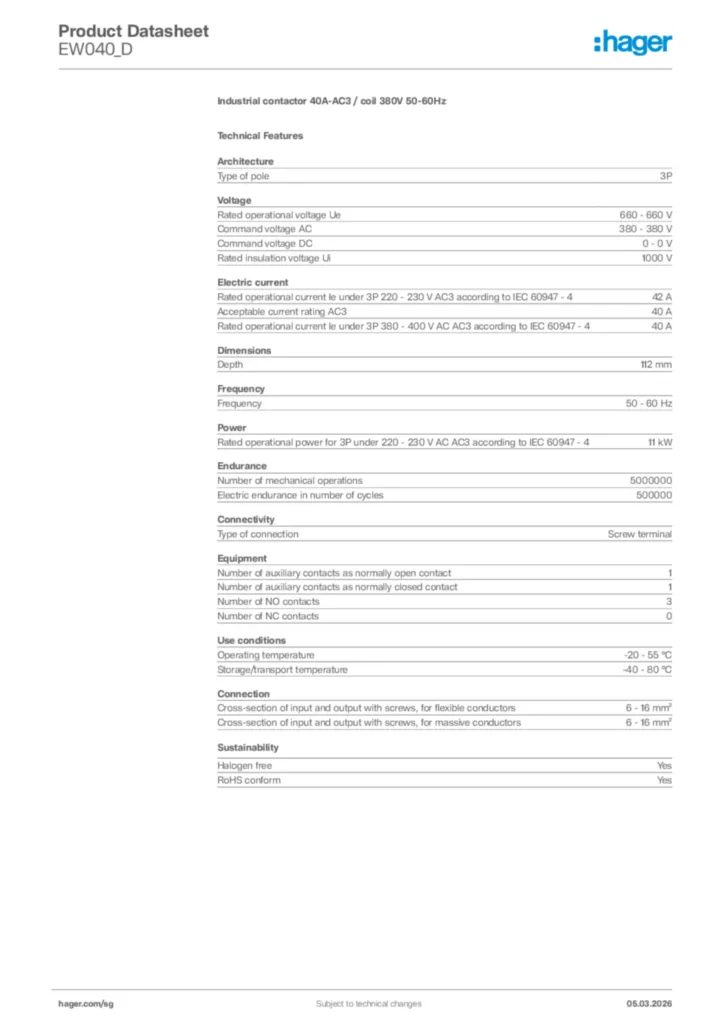 Image Hager Product data sheet EW040_D  | Hager
