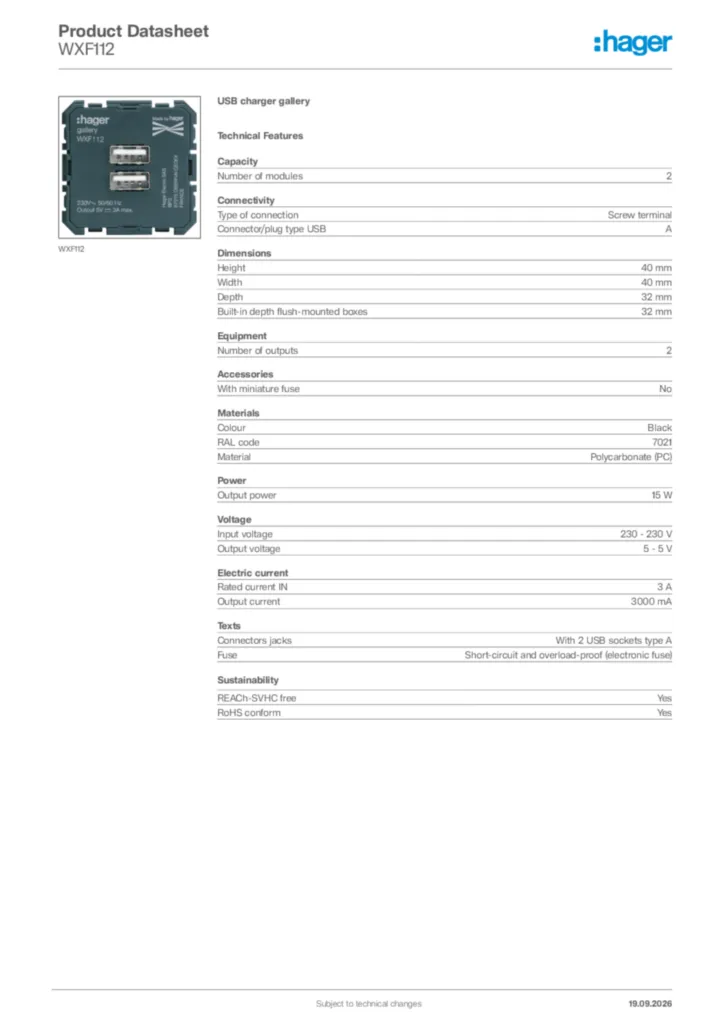 Image Hager Product data sheet WXF112  | Hager Africa